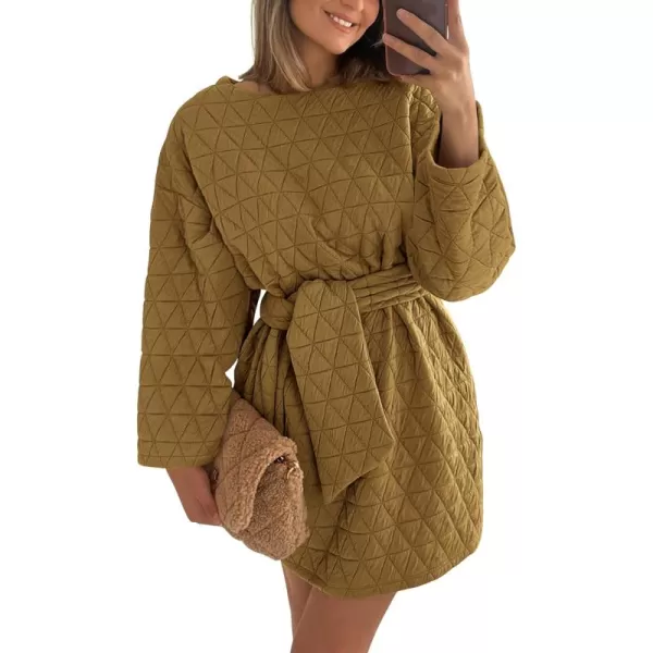 imagePRETTYGARDEN Womens Long Sleeve Dresses 2024 Fall Casual Short Belted Dress Trendy Quilted Outfits with PocketsOlive Green