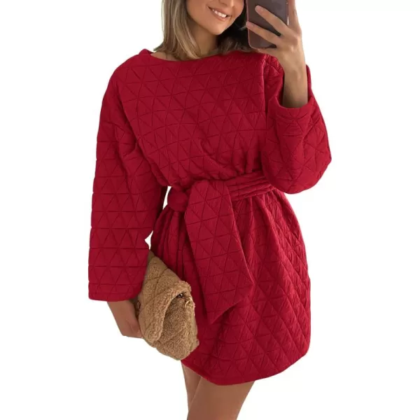 imagePRETTYGARDEN Womens Long Sleeve Dresses 2024 Fall Casual Short Belted Dress Trendy Quilted Outfits with PocketsRed