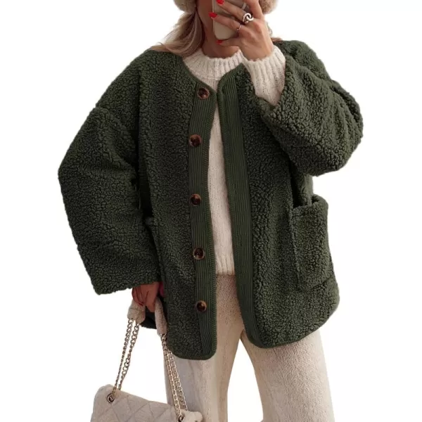 imagePRETTYGARDEN Womens Warm Winter Coats Casual Long Sleeve Button up Fuzzy Sherpa Fleece Jackets OuterwearArmy Green