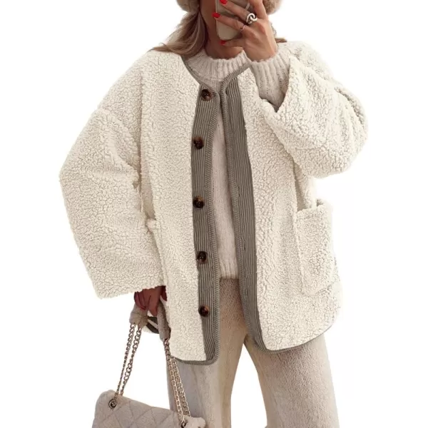 imagePRETTYGARDEN Womens Warm Winter Coats Casual Long Sleeve Button up Fuzzy Sherpa Fleece Jackets OuterwearBeige