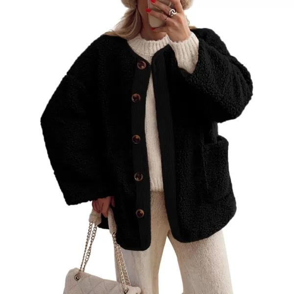 imagePRETTYGARDEN Womens Warm Winter Coats Casual Long Sleeve Button up Fuzzy Sherpa Fleece Jackets OuterwearBlack