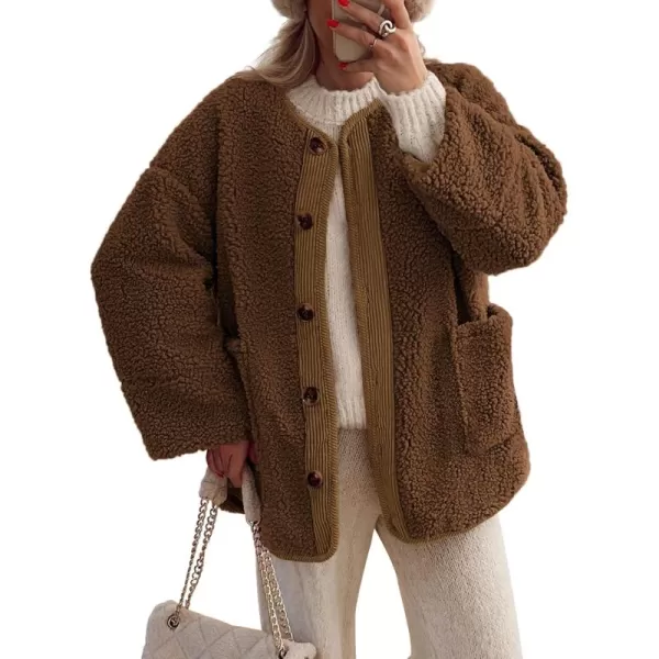 imagePRETTYGARDEN Womens Warm Winter Coats Casual Long Sleeve Button up Fuzzy Sherpa Fleece Jackets OuterwearBrown
