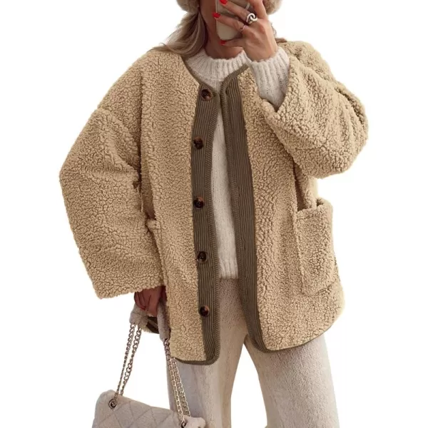 imagePRETTYGARDEN Womens Warm Winter Coats Casual Long Sleeve Button up Fuzzy Sherpa Fleece Jackets OuterwearKhaki