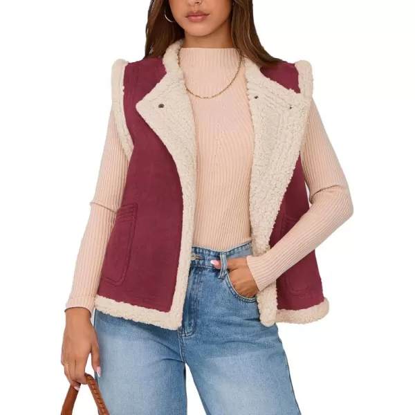 imagePRETTYGARDEN Womens Winter Faux Suede Vest Sleeveless Button Down Fleece Sherpa Lined Jacket Fashion Casual Outerwear CoatWine Red
