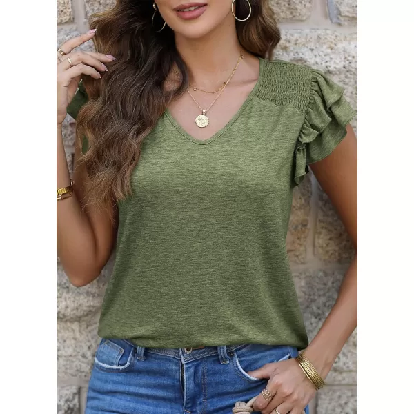imagePRETTYGARDEN Womens 2024 Summer Basic Tops Casual Ruffle Short Sleeve V Neck T Shirts BlousesArmy Green