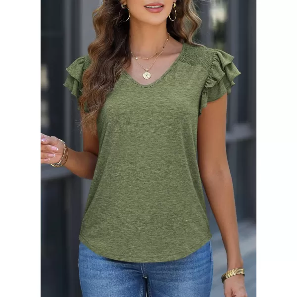 imagePRETTYGARDEN Womens 2024 Summer Basic Tops Casual Ruffle Short Sleeve V Neck T Shirts BlousesArmy Green