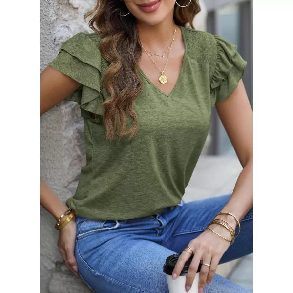 imagePRETTYGARDEN Womens 2024 Summer Basic Tops Casual Ruffle Short Sleeve V Neck T Shirts BlousesArmy Green