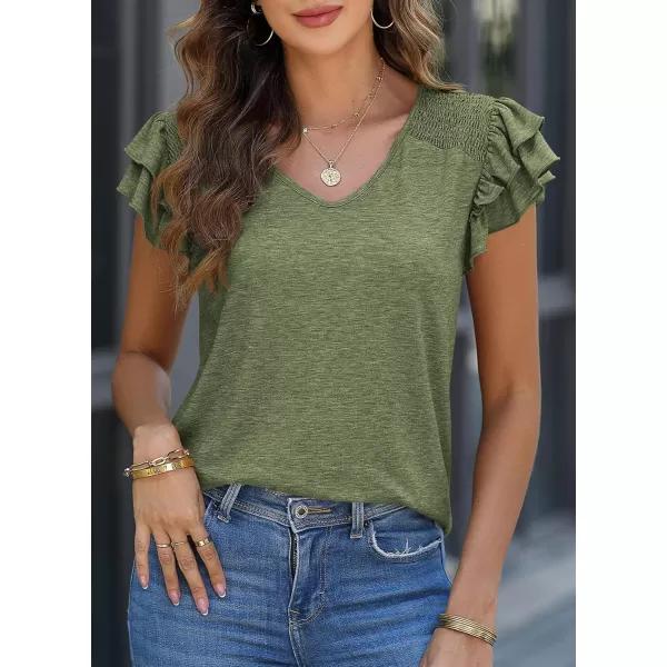 imagePRETTYGARDEN Womens 2024 Summer Basic Tops Casual Ruffle Short Sleeve V Neck T Shirts BlousesArmy Green