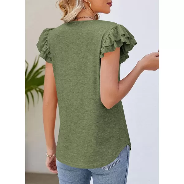 imagePRETTYGARDEN Womens 2024 Summer Basic Tops Casual Ruffle Short Sleeve V Neck T Shirts BlousesArmy Green
