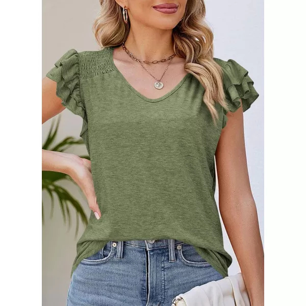 imagePRETTYGARDEN Womens 2024 Summer Basic Tops Casual Ruffle Short Sleeve V Neck T Shirts BlousesArmy Green