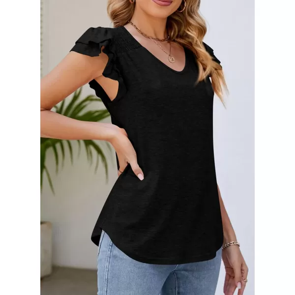 imagePRETTYGARDEN Womens 2024 Summer Basic Tops Casual Ruffle Short Sleeve V Neck T Shirts BlousesBlack