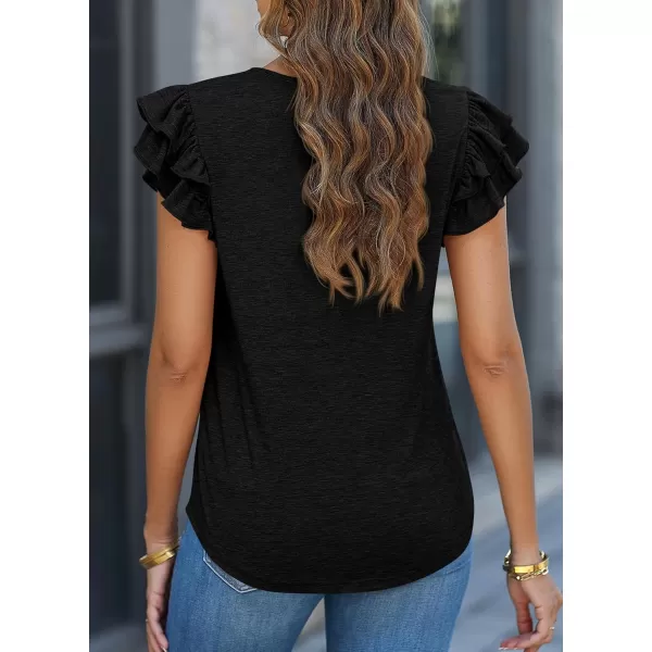 imagePRETTYGARDEN Womens 2024 Summer Basic Tops Casual Ruffle Short Sleeve V Neck T Shirts BlousesBlack