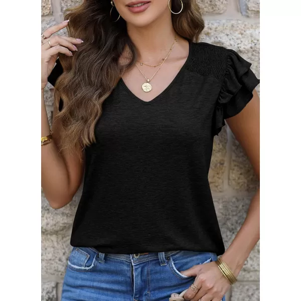 imagePRETTYGARDEN Womens 2024 Summer Basic Tops Casual Ruffle Short Sleeve V Neck T Shirts BlousesBlack