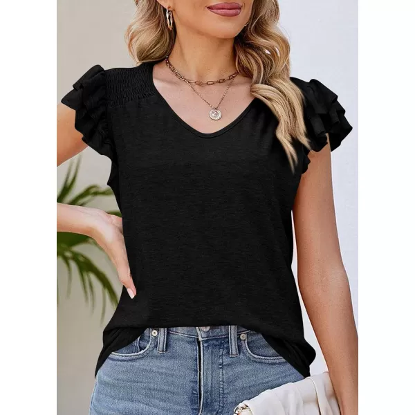 imagePRETTYGARDEN Womens 2024 Summer Basic Tops Casual Ruffle Short Sleeve V Neck T Shirts BlousesBlack