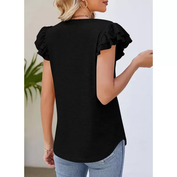 imagePRETTYGARDEN Womens 2024 Summer Basic Tops Casual Ruffle Short Sleeve V Neck T Shirts BlousesBlack