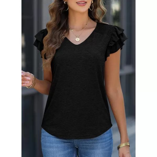 imagePRETTYGARDEN Womens 2024 Summer Basic Tops Casual Ruffle Short Sleeve V Neck T Shirts BlousesBlack