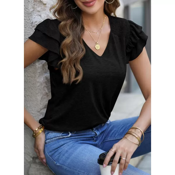 imagePRETTYGARDEN Womens 2024 Summer Basic Tops Casual Ruffle Short Sleeve V Neck T Shirts BlousesBlack
