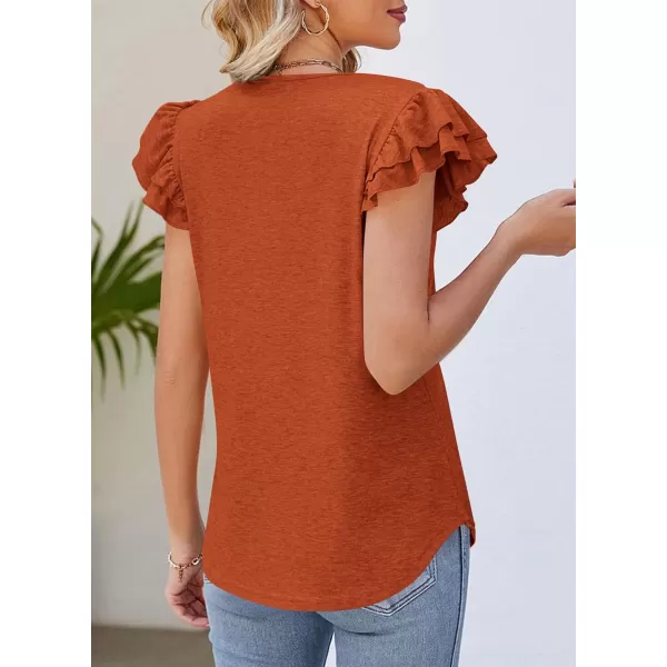 imagePRETTYGARDEN Womens 2024 Summer Basic Tops Casual Ruffle Short Sleeve V Neck T Shirts BlousesBrick Red