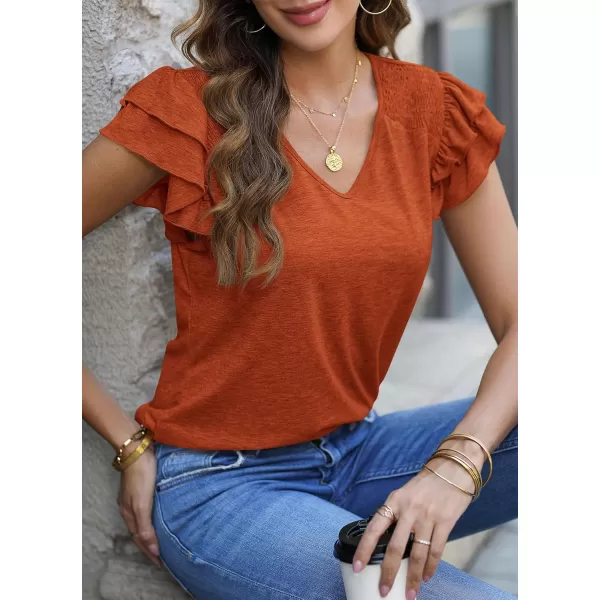 imagePRETTYGARDEN Womens 2024 Summer Basic Tops Casual Ruffle Short Sleeve V Neck T Shirts BlousesBrick Red