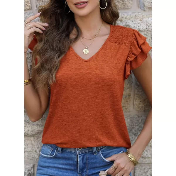 imagePRETTYGARDEN Womens 2024 Summer Basic Tops Casual Ruffle Short Sleeve V Neck T Shirts BlousesBrick Red