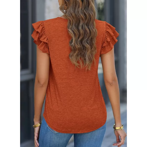 imagePRETTYGARDEN Womens 2024 Summer Basic Tops Casual Ruffle Short Sleeve V Neck T Shirts BlousesBrick Red