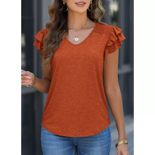 imagePRETTYGARDEN Womens 2024 Summer Basic Tops Casual Ruffle Short Sleeve V Neck T Shirts BlousesBrick Red