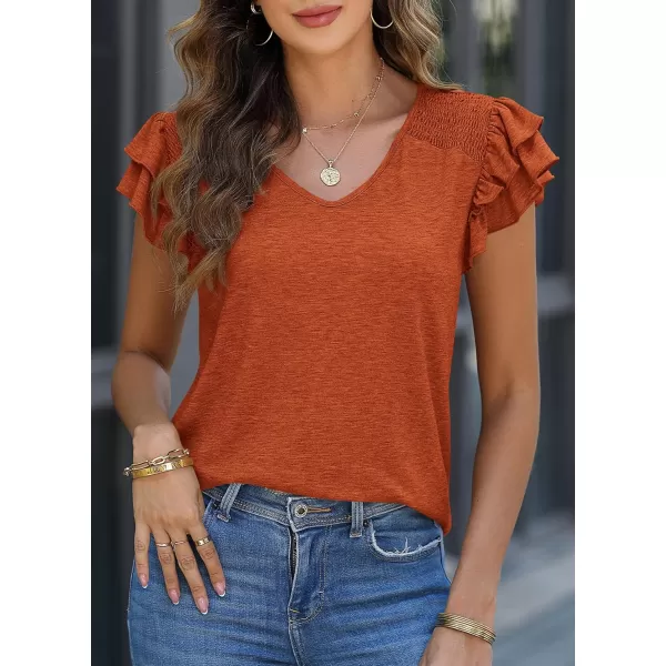 imagePRETTYGARDEN Womens 2024 Summer Basic Tops Casual Ruffle Short Sleeve V Neck T Shirts BlousesBrick Red