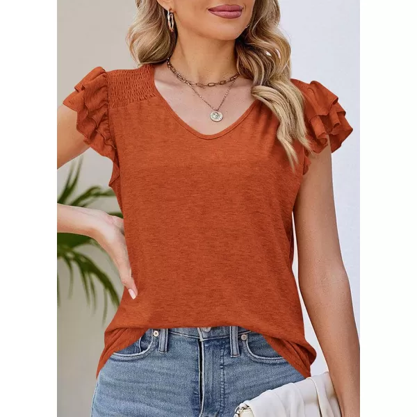 imagePRETTYGARDEN Womens 2024 Summer Basic Tops Casual Ruffle Short Sleeve V Neck T Shirts BlousesBrick Red