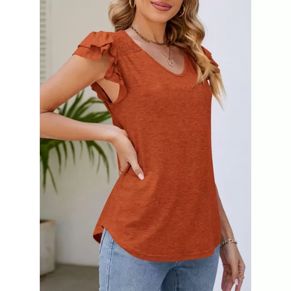 imagePRETTYGARDEN Womens 2024 Summer Basic Tops Casual Ruffle Short Sleeve V Neck T Shirts BlousesBrick Red