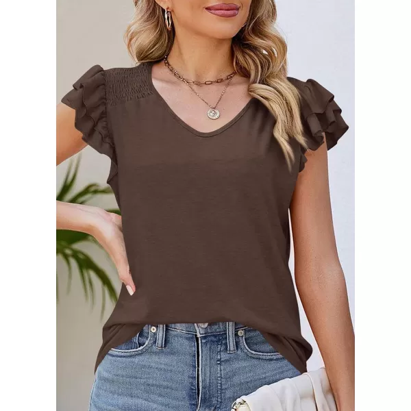 imagePRETTYGARDEN Womens 2024 Summer Basic Tops Casual Ruffle Short Sleeve V Neck T Shirts BlousesCoffee