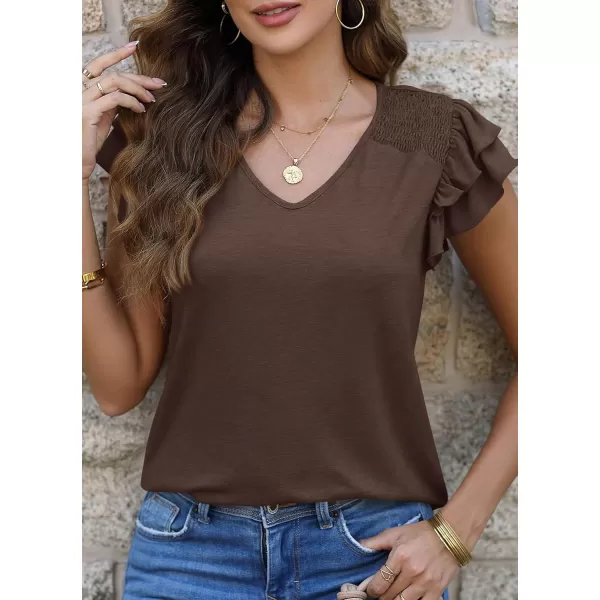 imagePRETTYGARDEN Womens 2024 Summer Basic Tops Casual Ruffle Short Sleeve V Neck T Shirts BlousesCoffee
