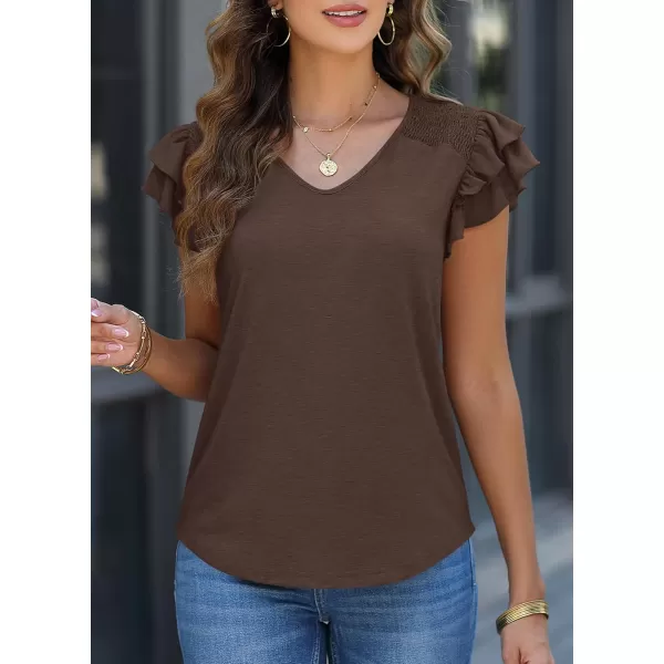 imagePRETTYGARDEN Womens 2024 Summer Basic Tops Casual Ruffle Short Sleeve V Neck T Shirts BlousesCoffee