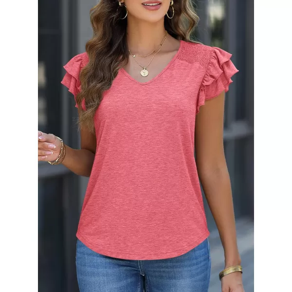imagePRETTYGARDEN Womens 2024 Summer Basic Tops Casual Ruffle Short Sleeve V Neck T Shirts BlousesCoral Red