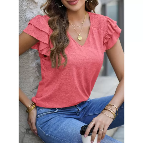 imagePRETTYGARDEN Womens 2024 Summer Basic Tops Casual Ruffle Short Sleeve V Neck T Shirts BlousesCoral Red