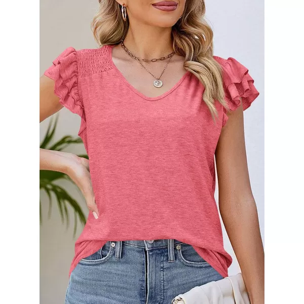 imagePRETTYGARDEN Womens 2024 Summer Basic Tops Casual Ruffle Short Sleeve V Neck T Shirts BlousesCoral Red