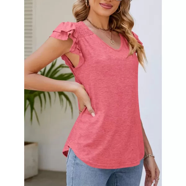 imagePRETTYGARDEN Womens 2024 Summer Basic Tops Casual Ruffle Short Sleeve V Neck T Shirts BlousesCoral Red