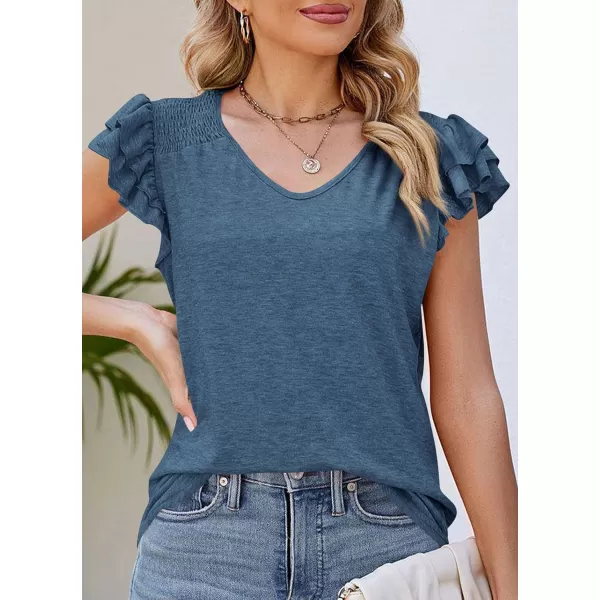 imagePRETTYGARDEN Womens 2024 Summer Basic Tops Casual Ruffle Short Sleeve V Neck T Shirts BlousesDark Blue