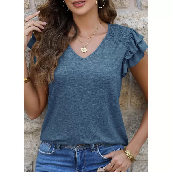 imagePRETTYGARDEN Womens 2024 Summer Basic Tops Casual Ruffle Short Sleeve V Neck T Shirts BlousesDark Blue
