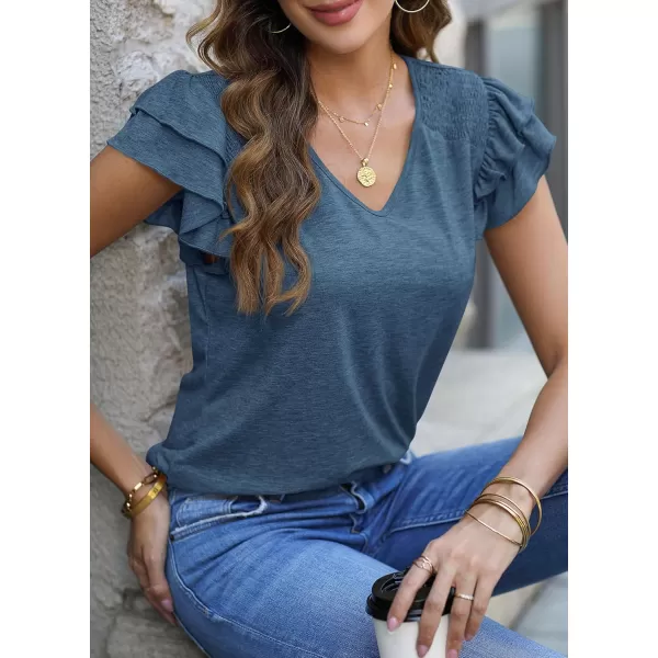 imagePRETTYGARDEN Womens 2024 Summer Basic Tops Casual Ruffle Short Sleeve V Neck T Shirts BlousesDark Blue