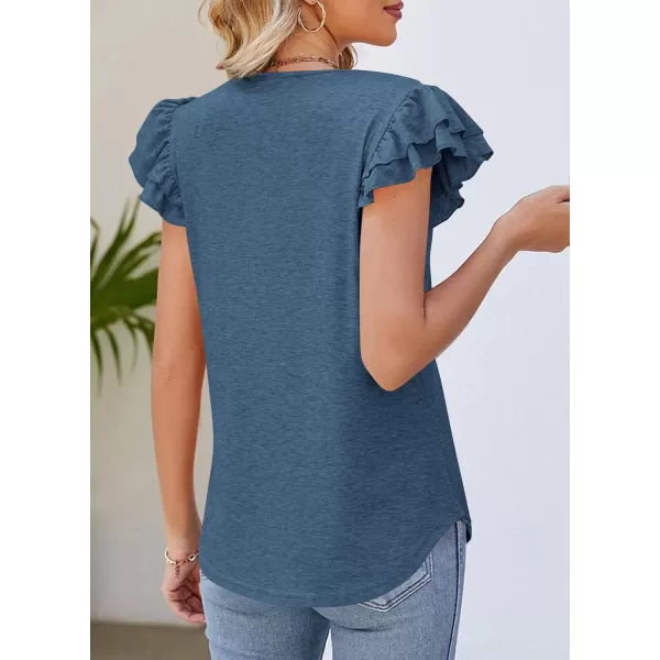 imagePRETTYGARDEN Womens 2024 Summer Basic Tops Casual Ruffle Short Sleeve V Neck T Shirts BlousesDark Blue