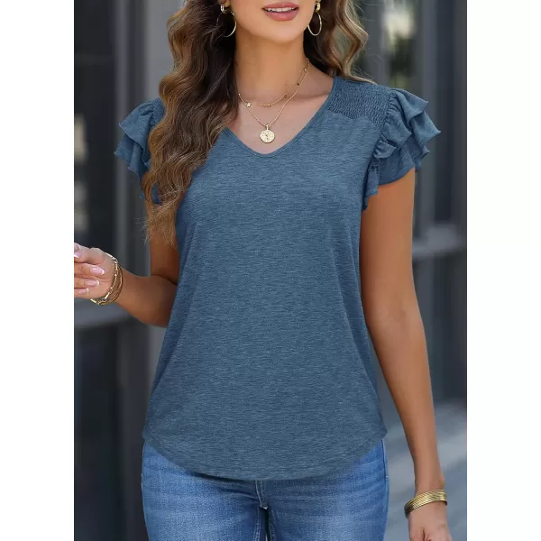 imagePRETTYGARDEN Womens 2024 Summer Basic Tops Casual Ruffle Short Sleeve V Neck T Shirts BlousesDark Blue