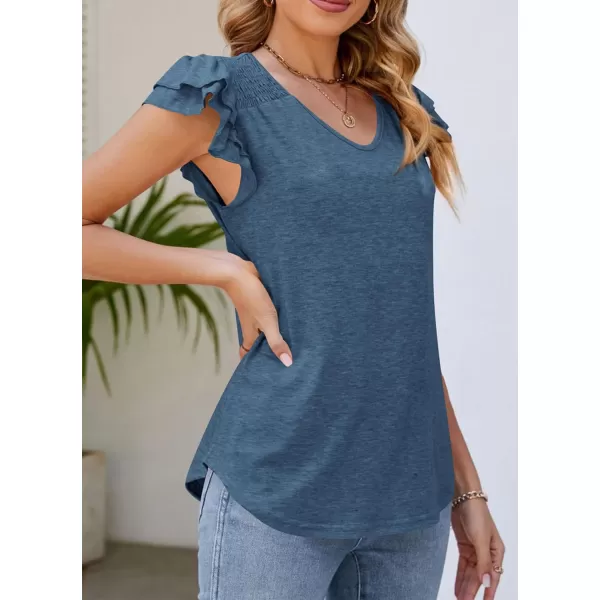 imagePRETTYGARDEN Womens 2024 Summer Basic Tops Casual Ruffle Short Sleeve V Neck T Shirts BlousesDark Blue