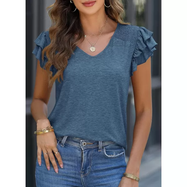 imagePRETTYGARDEN Womens 2024 Summer Basic Tops Casual Ruffle Short Sleeve V Neck T Shirts BlousesDark Blue