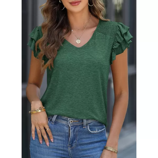 imagePRETTYGARDEN Womens 2024 Summer Basic Tops Casual Ruffle Short Sleeve V Neck T Shirts BlousesDark Green