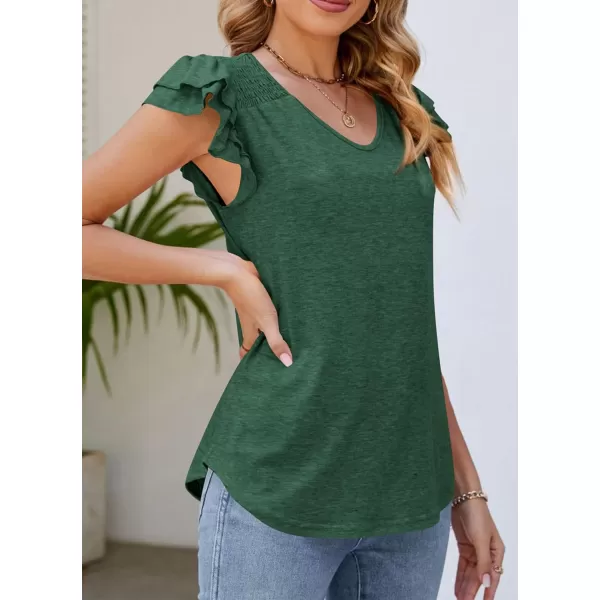imagePRETTYGARDEN Womens 2024 Summer Basic Tops Casual Ruffle Short Sleeve V Neck T Shirts BlousesDark Green