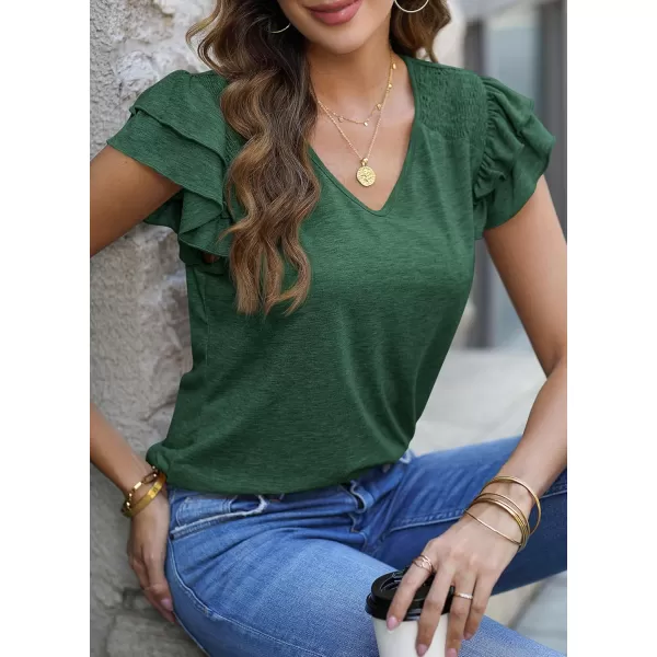 imagePRETTYGARDEN Womens 2024 Summer Basic Tops Casual Ruffle Short Sleeve V Neck T Shirts BlousesDark Green