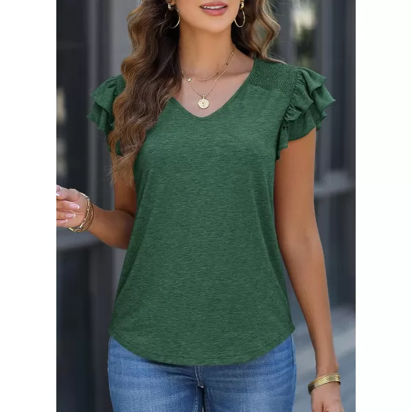 imagePRETTYGARDEN Womens 2024 Summer Basic Tops Casual Ruffle Short Sleeve V Neck T Shirts BlousesDark Green