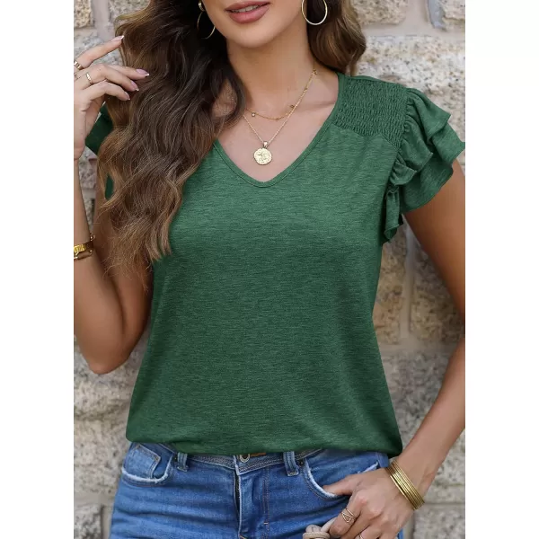 imagePRETTYGARDEN Womens 2024 Summer Basic Tops Casual Ruffle Short Sleeve V Neck T Shirts BlousesDark Green