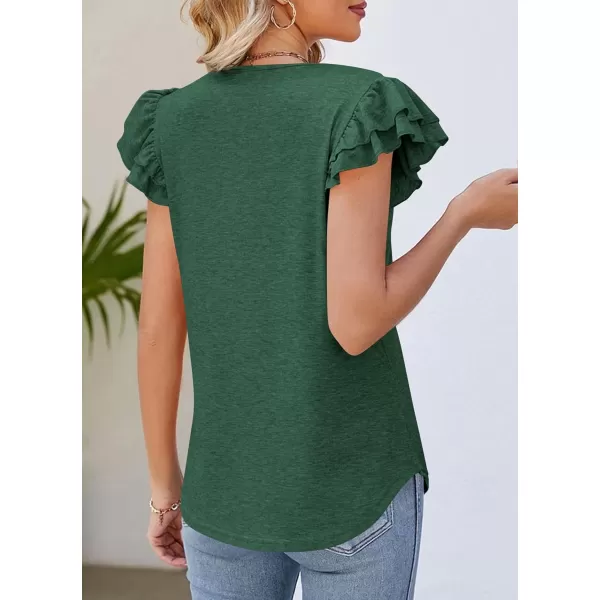 imagePRETTYGARDEN Womens 2024 Summer Basic Tops Casual Ruffle Short Sleeve V Neck T Shirts BlousesDark Green
