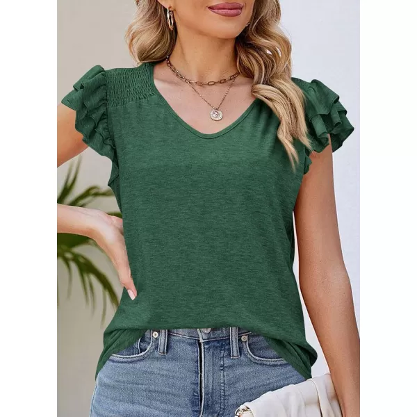imagePRETTYGARDEN Womens 2024 Summer Basic Tops Casual Ruffle Short Sleeve V Neck T Shirts BlousesDark Green